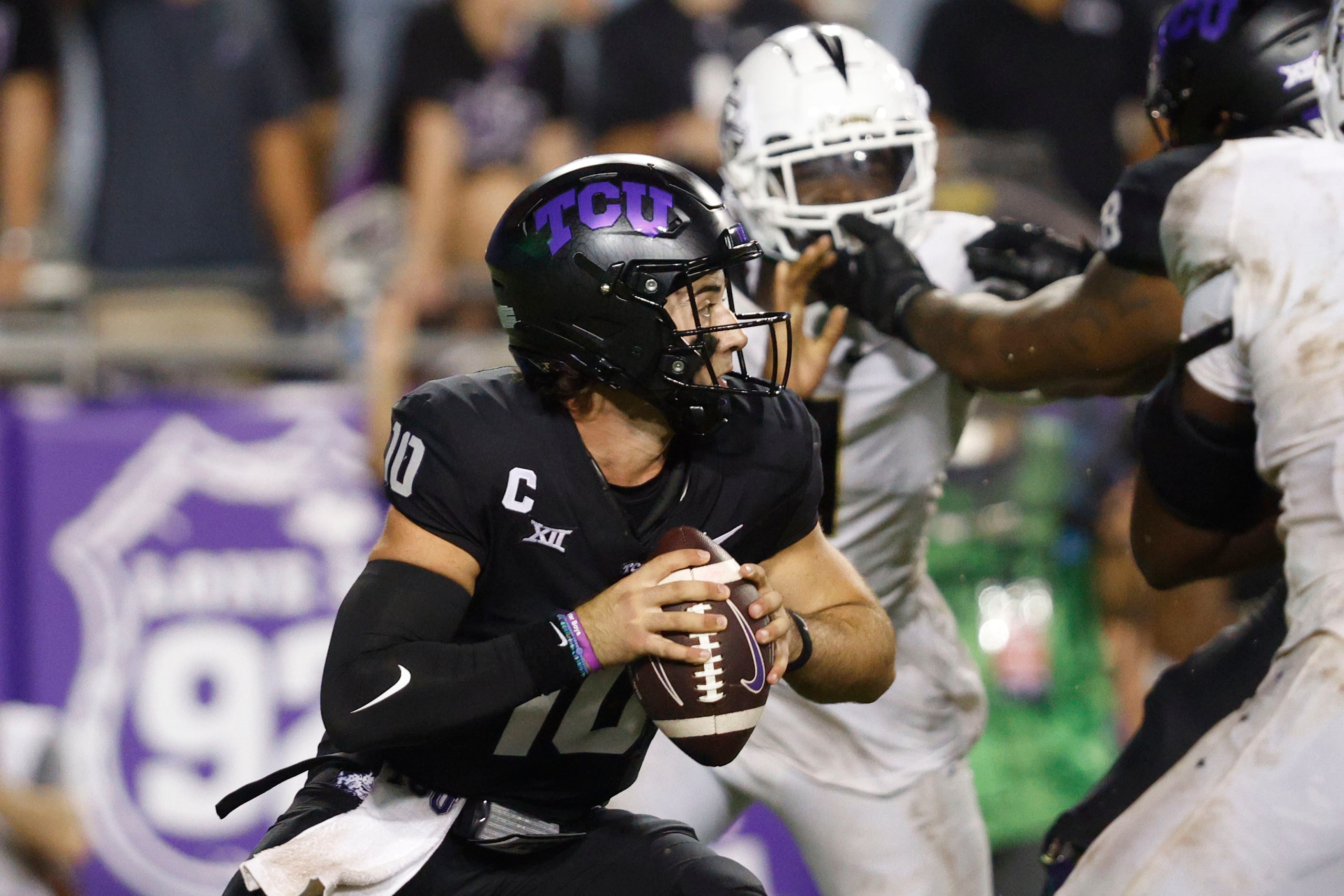 TCU quarterback Josh Hoover (10) looks to throw the ball during the second half of an NCAA...