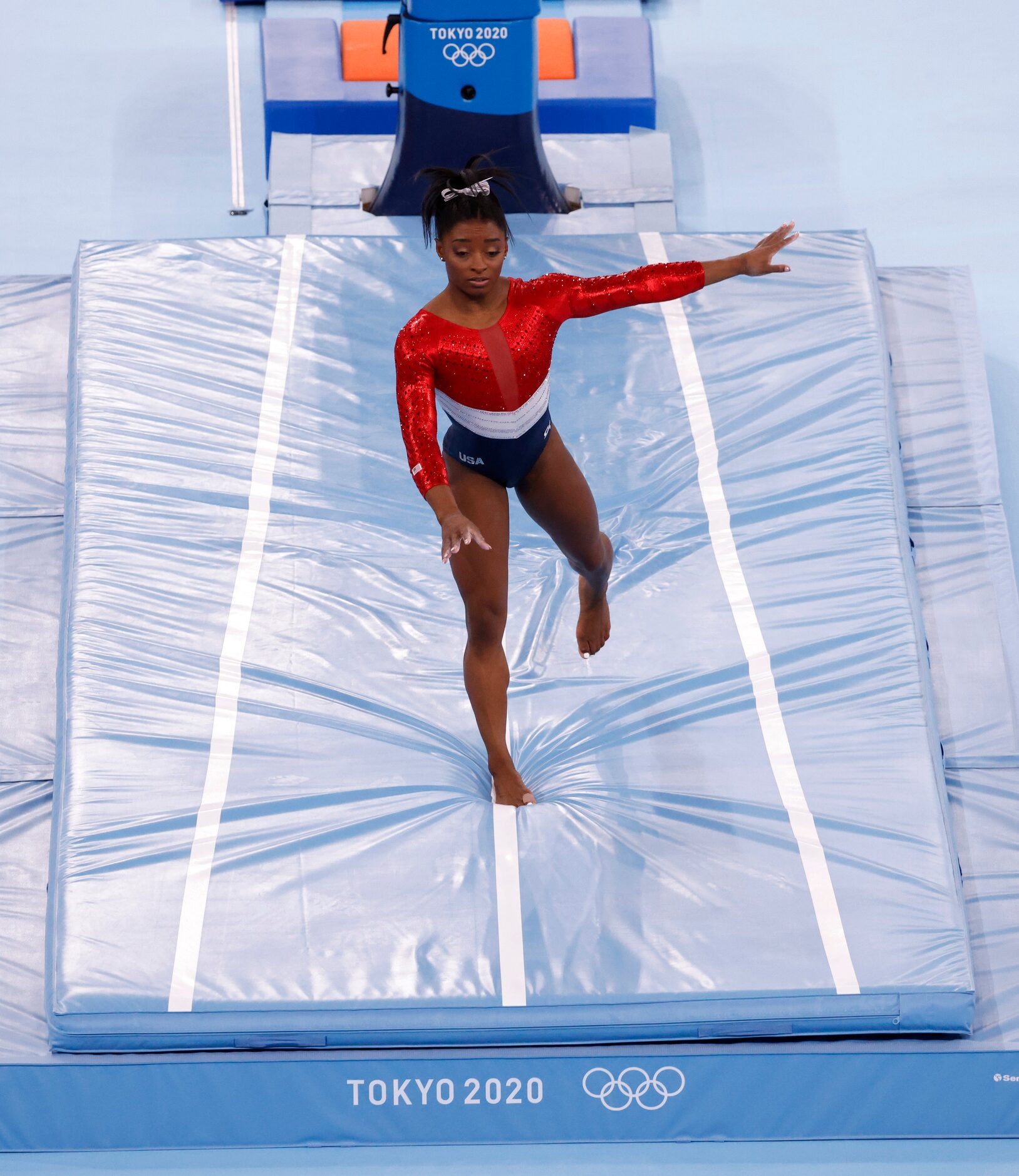 USA’s  Simone Biles competes on the vault during the artistic gymnastics women’s team final...