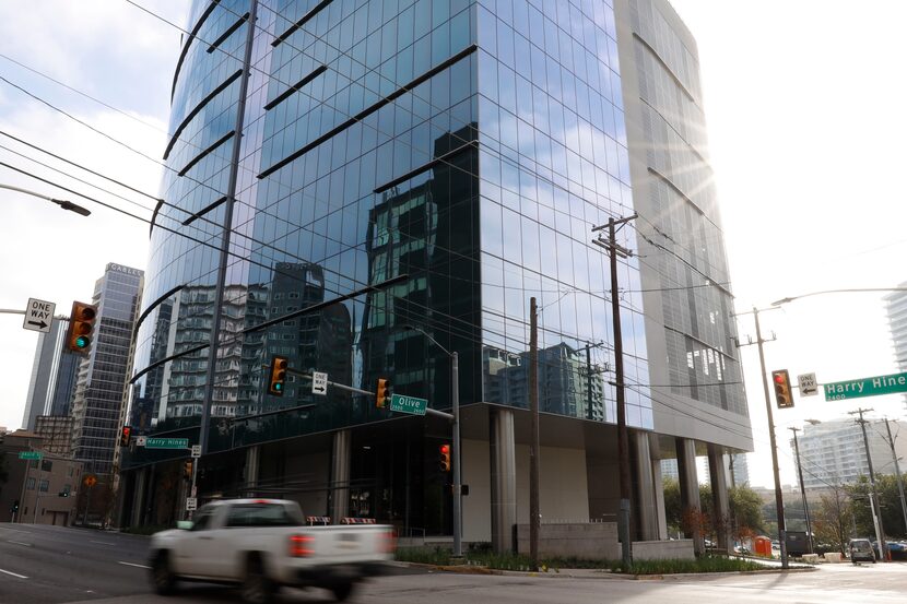 A car drives past the Link Uptown at 2601 Olive St. in Dallas. 