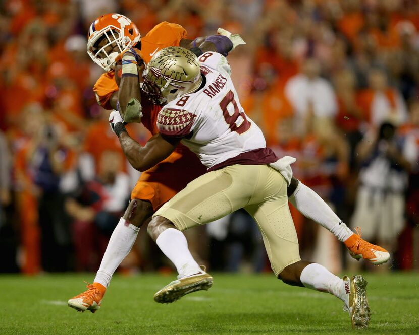 CLEMSON, SC - NOVEMBER 07:  Jalen Ramsey #8 of the Florida State Seminoles misses a tackle...