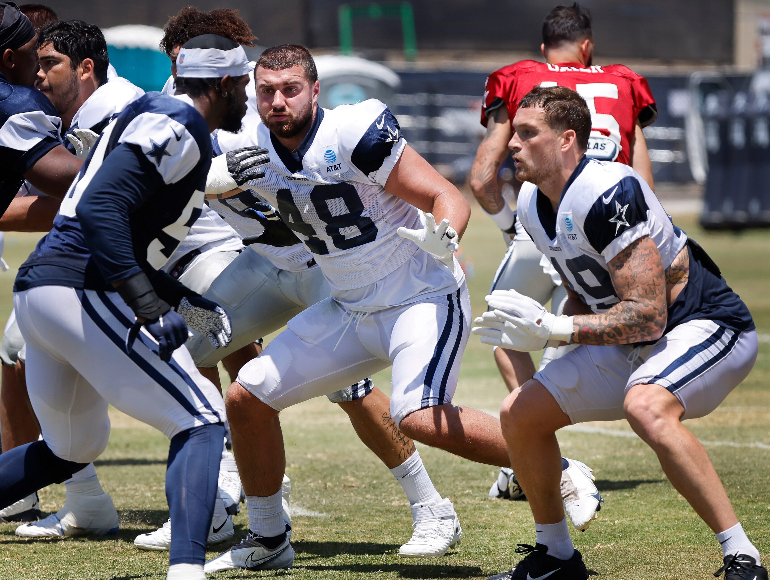 Dallas Cowboys rookie tight end Jake Ferguson (48) and tight end Peyton Hendershot (49)...