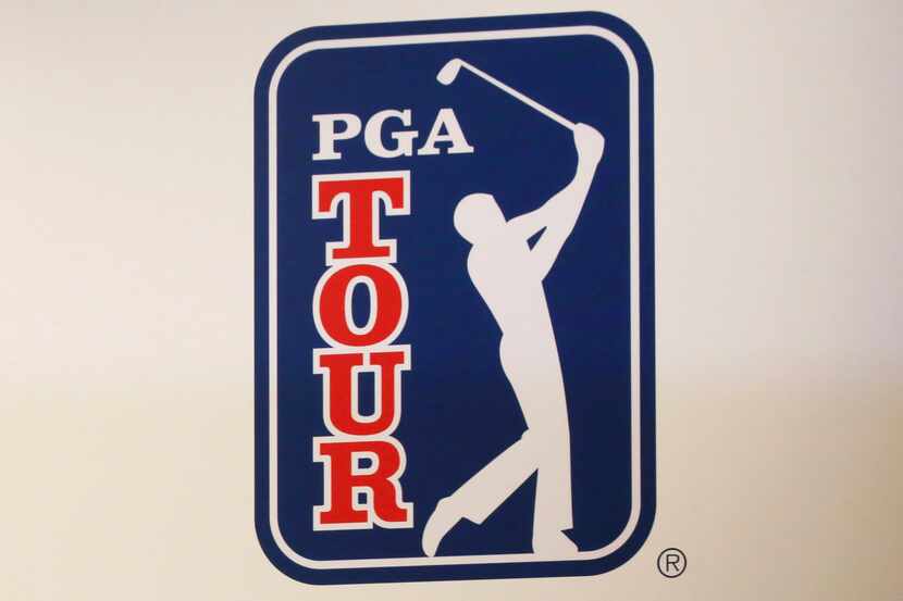 The PGA Tour logo is shown during a press conference in Tokyo, Nov. 20, 2018.