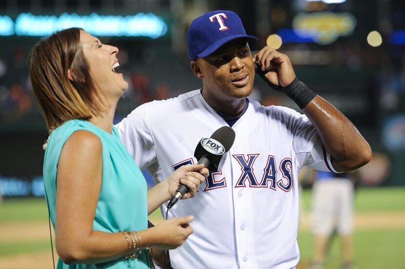 Texas Rangers field reporter Emily Jones with Adrian Beltre.
