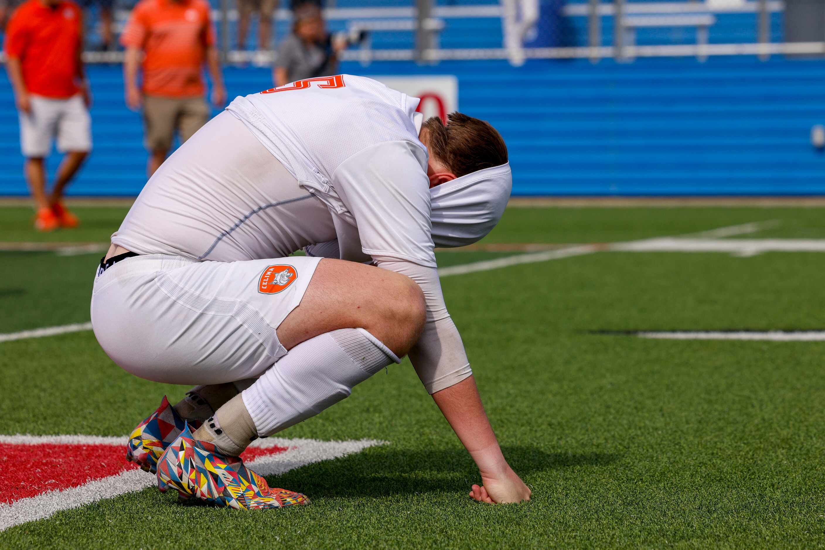 Celina forward Seth Brown (5) reacts after losing the Class 4A boys soccer state...