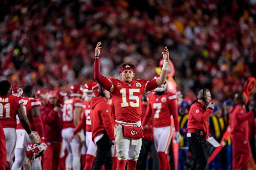 Kansas City Chiefs quarterback Patrick Mahomes (15) cheers during the second half of an NFL...