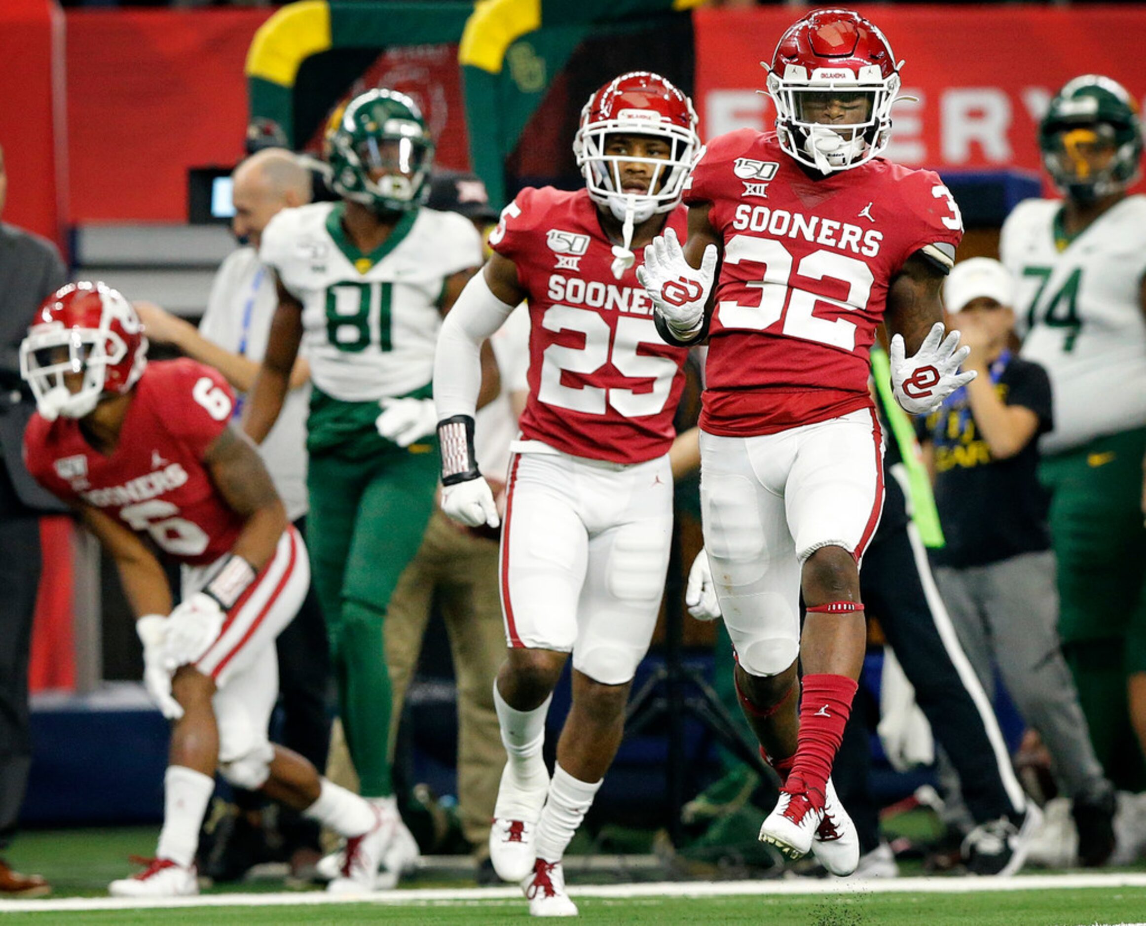 Oklahoma Sooners safety Delarrin Turner-Yell (32) celebrates his pass break up of Baylor...