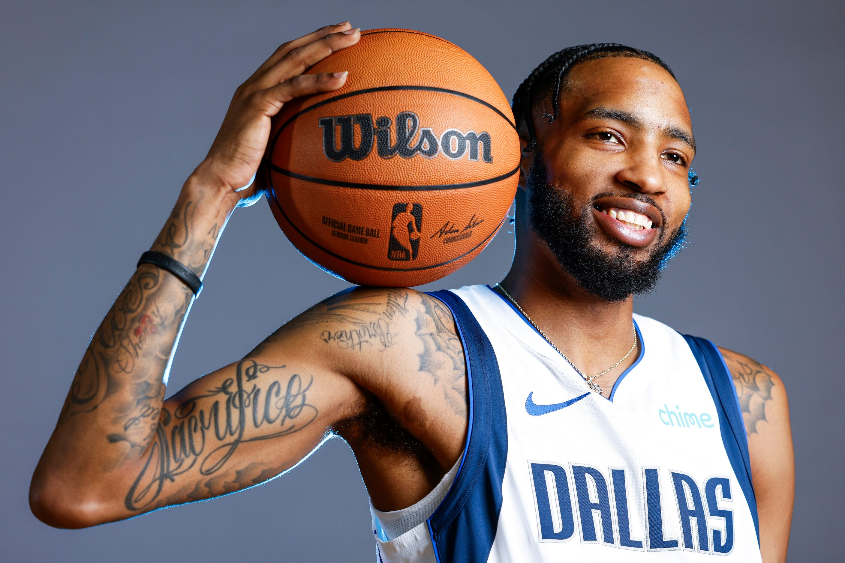 Dallas Mavericks’ Derrick Jones Jr. poses for a photo during the media day on Friday, Sept....