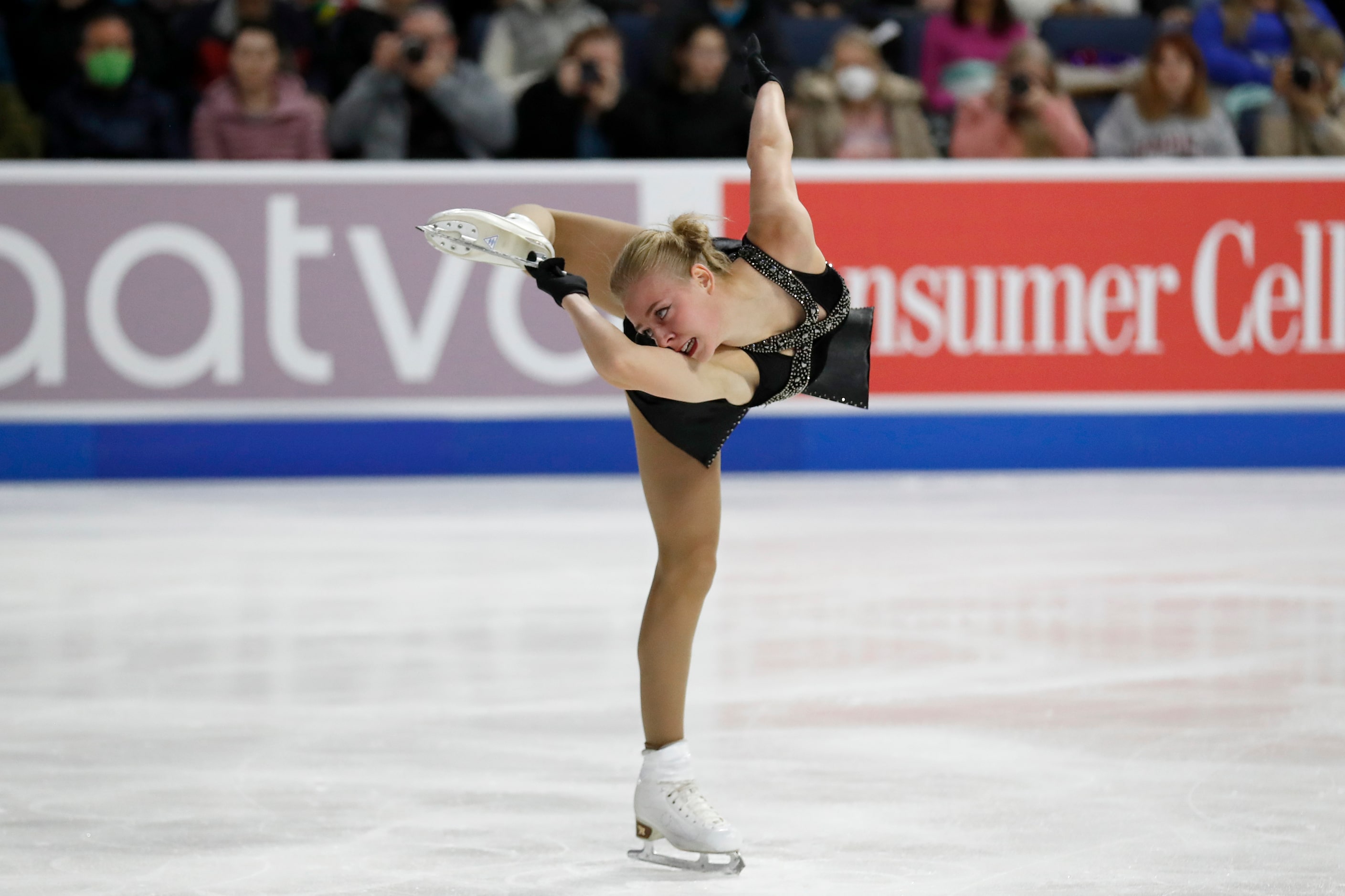 Niina Petrokina, of Estonia, competes in the women's short program during the Skate America...