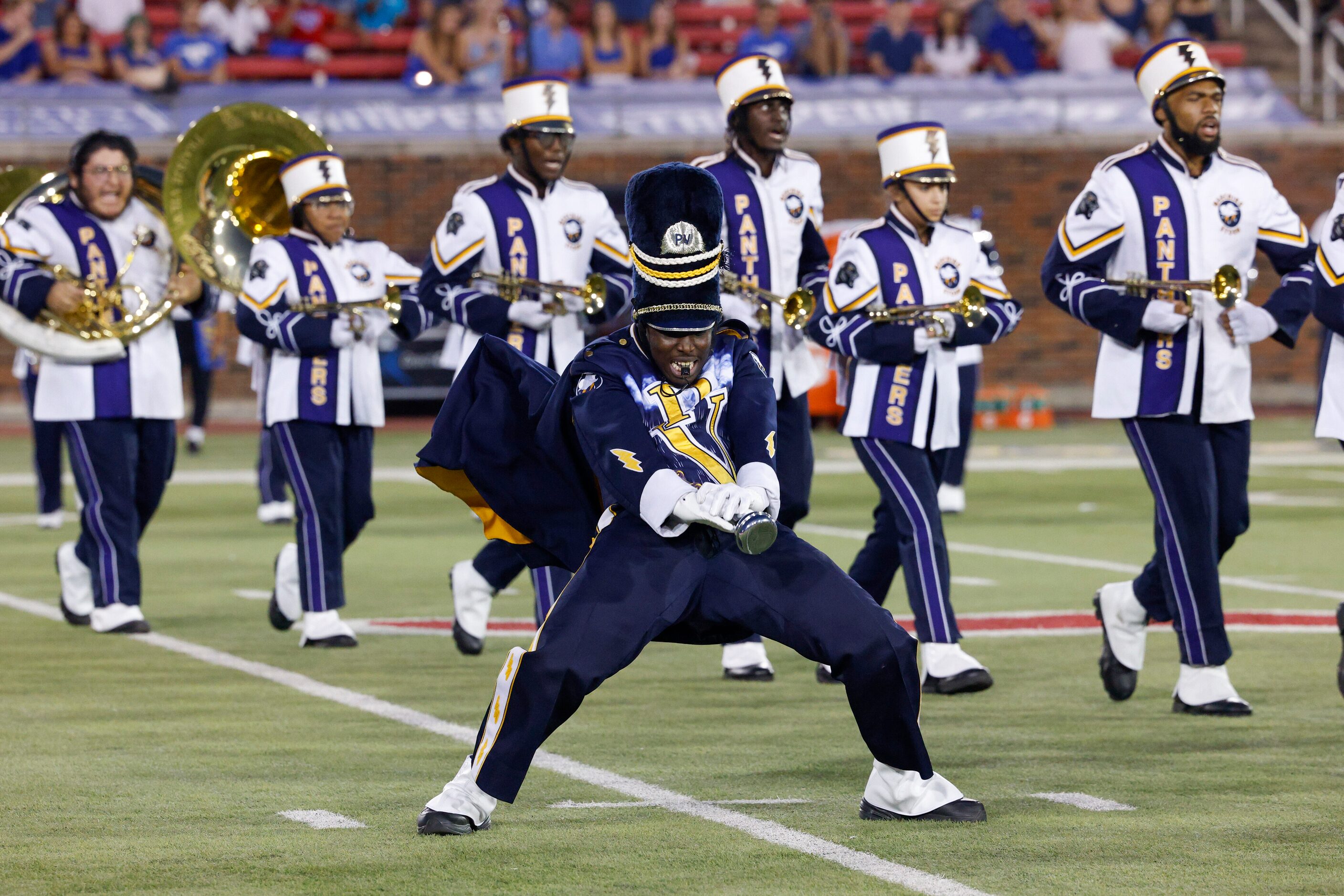 Prairie View A&M’s Marching Storm Band performs during halftime of an NCAA football game...