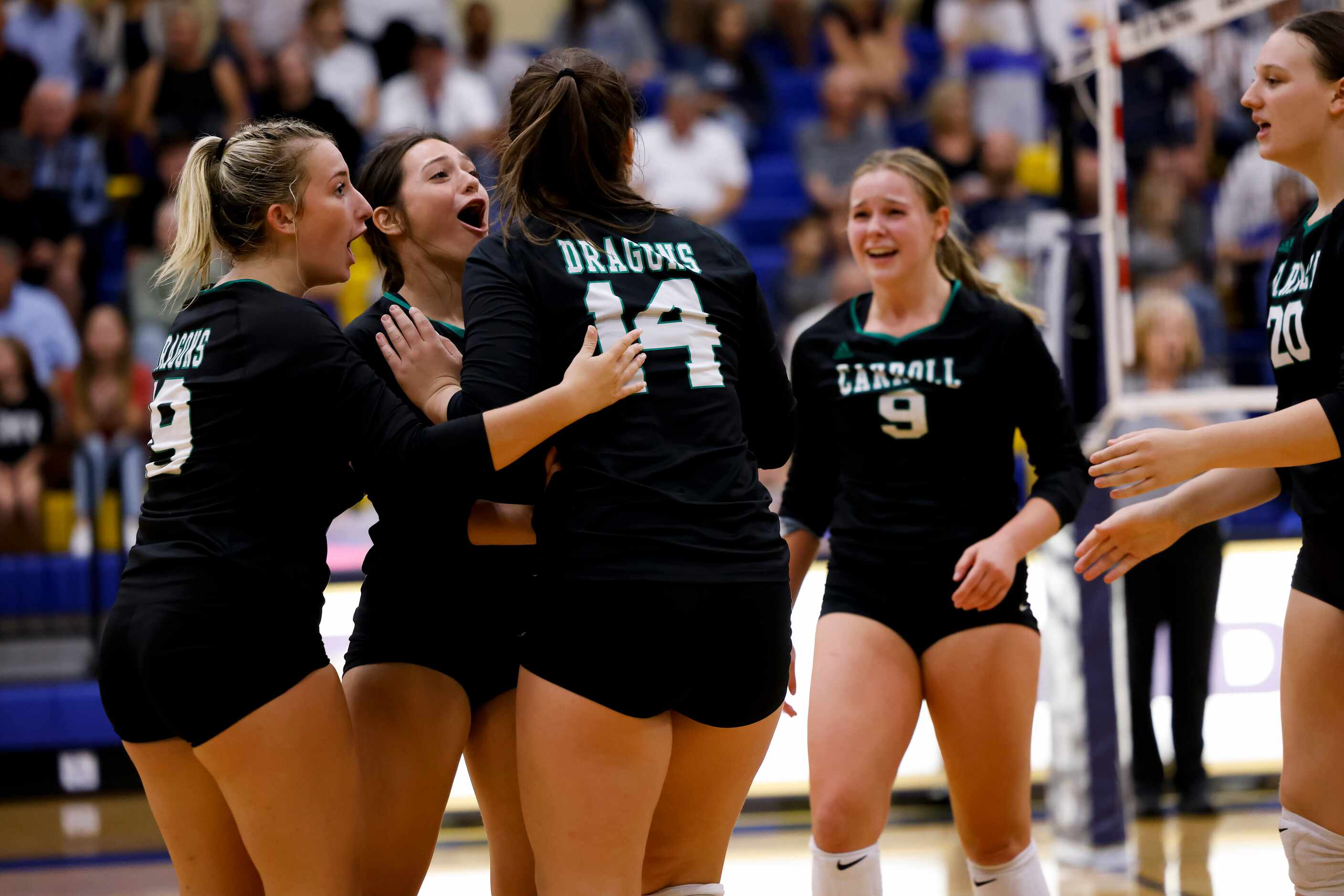 Southlake Carroll celebrates defeating Keller during the fourth and final set of a 4-6A...