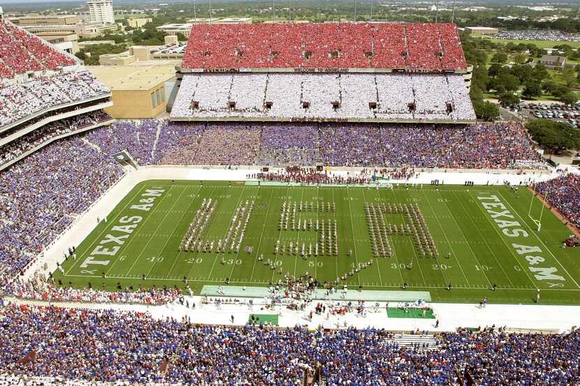 The Texas A&M band forms a "USA as fan in College Station sports red, white and blue...
