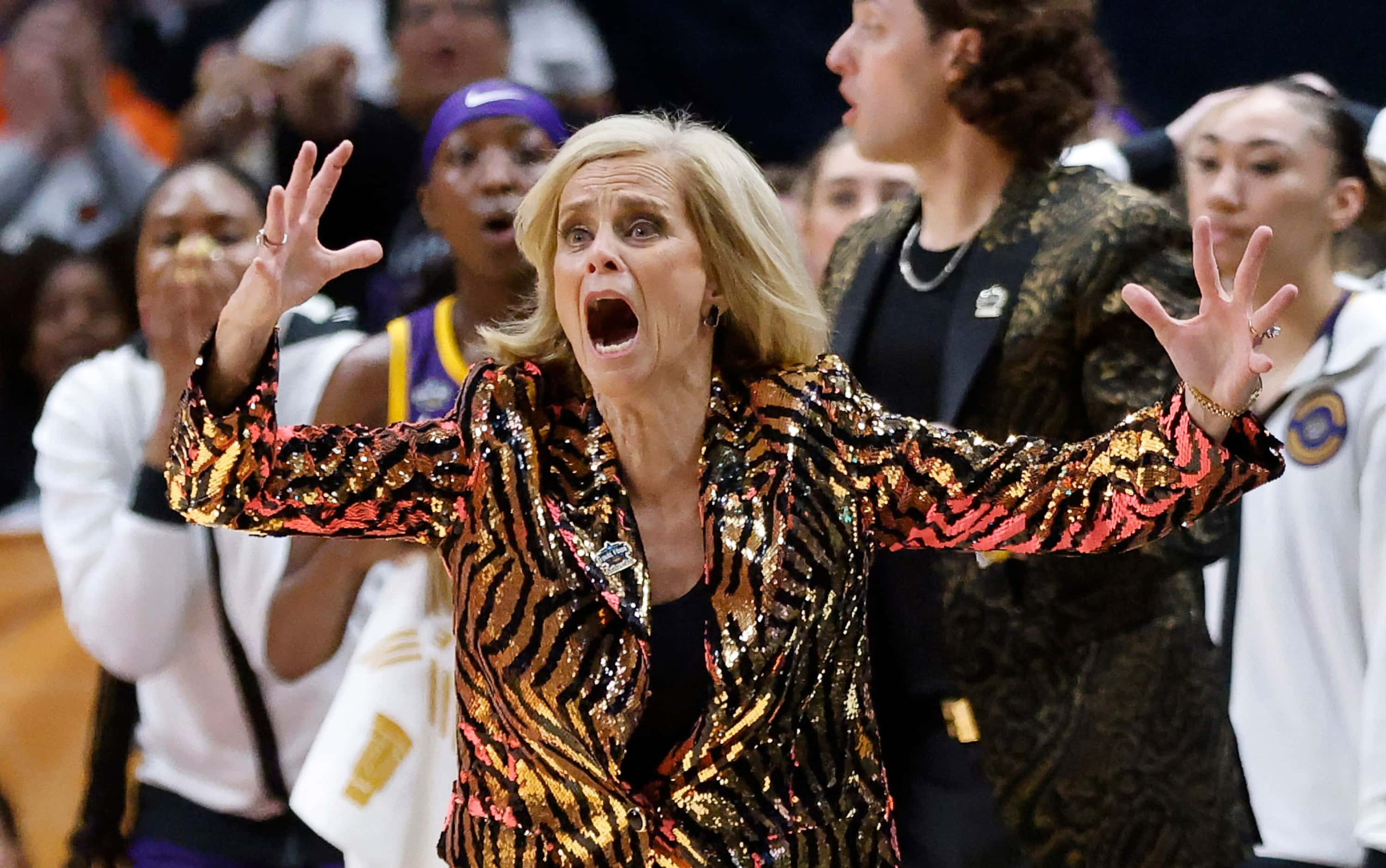 LSU Lady Tigers head coach Kim Mulkey reacts to a foul against her player during the first...