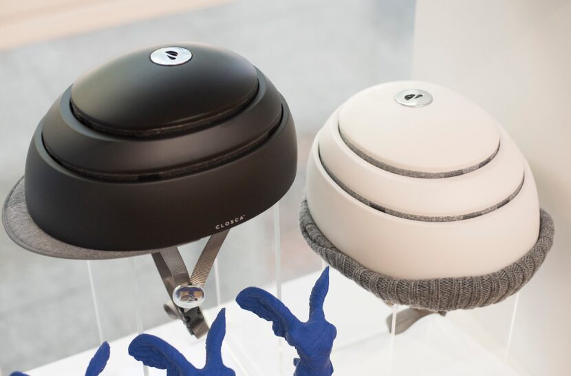 Bicycle helmets designed by Closca are among the new products available in the Nasher Store...