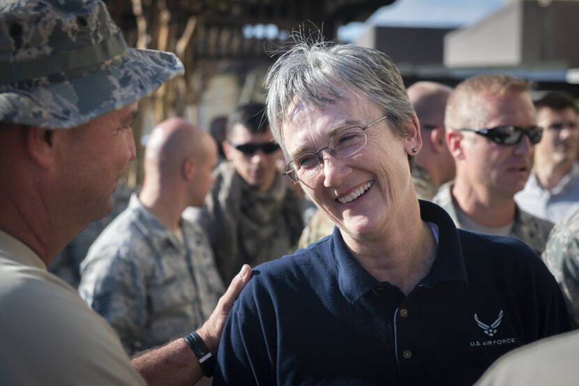 Air Force Secretary Heather Wilson speaks with airmen at Tyndall Air Force Base in Florida...