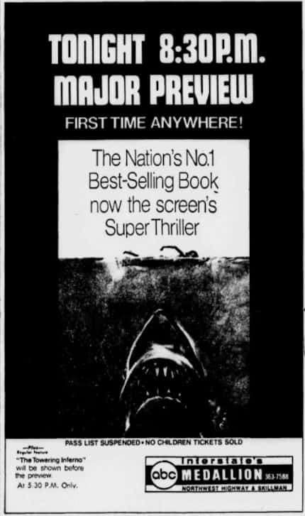 A Dallas Times Herald advertisement touts the preview showing of "Jaws" in 1975.