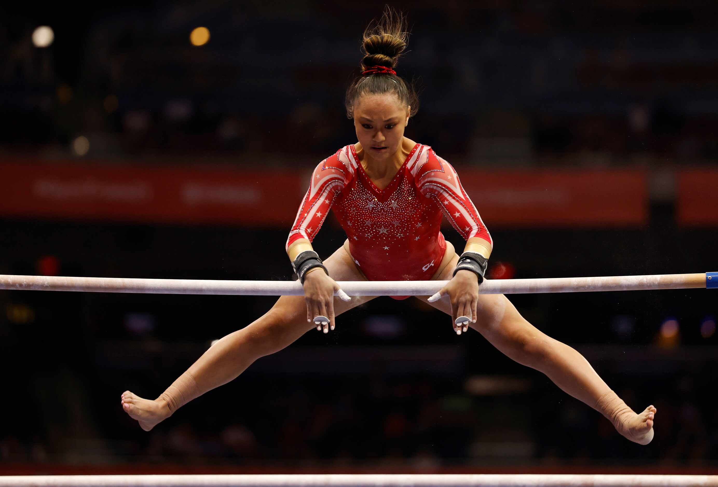 Emma Malabuyo competes on the uneven bars during day 2 of the women's 2021 U.S. Olympic...