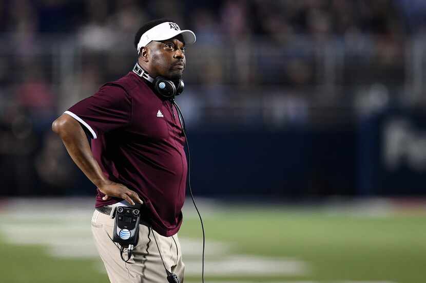 OXFORD, MS - OCTOBER 24:  Head coach Kevin Sumlin of the Texas A&M Aggies looks to the...
