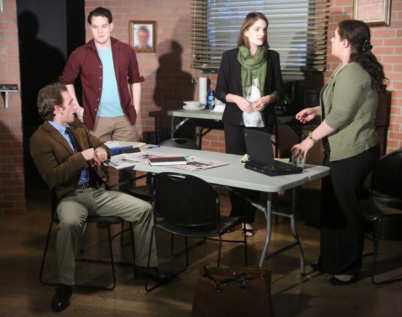 From left, Parker Fitzgerald as Mercer Stevens, seated, Justin Duncan as Tony, Emily...