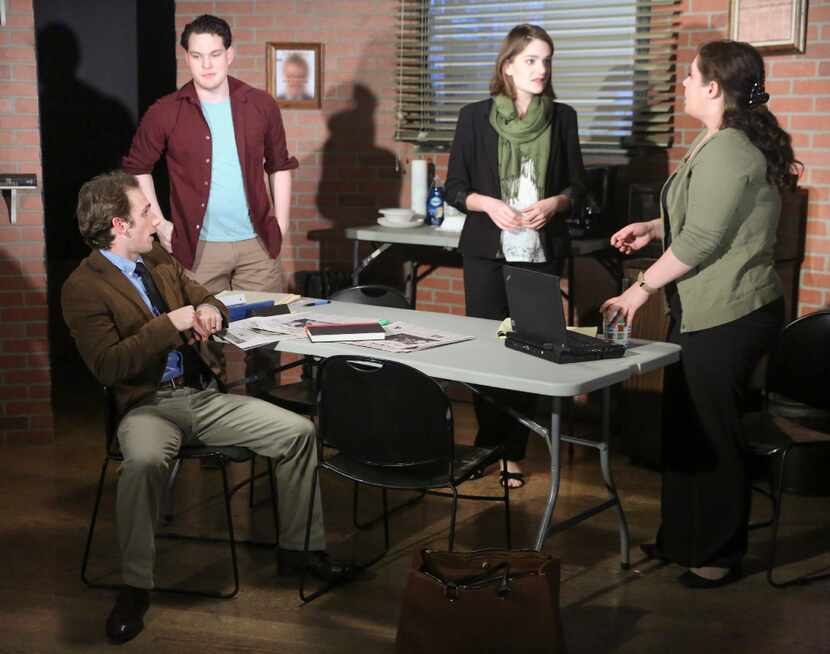 From left, Parker Fitzgerald as Mercer Stevens, seated, Justin Duncan as Tony, Emily...