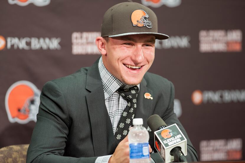 BEREA, OH - MAY 9: Cleveland Browns draft pick Johnny Manziel is answers questions during a...