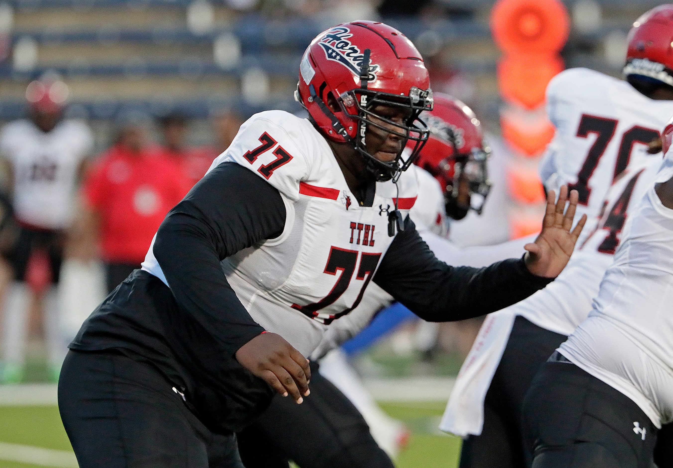 Cedar Hill High School offensive lineman Jordan Coleman (77) during the first half as Allen...