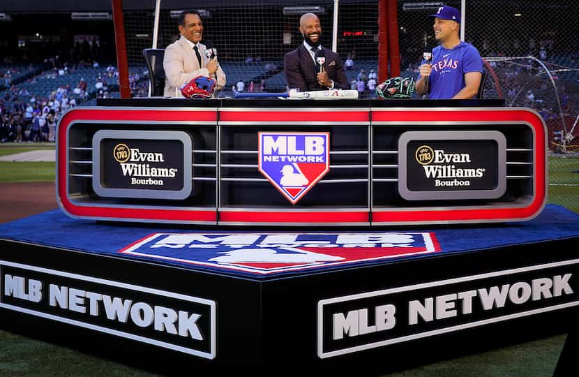 Texas Rangers first baseman Nathaniel Lowe is interviewed on the set of the MLB Network...