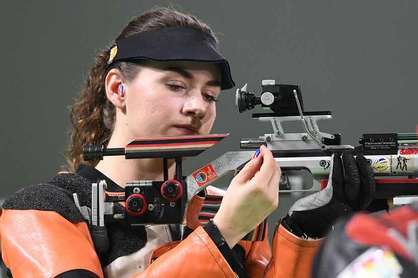 USA's Sarah Scherer competes in the women's 10m air rifle shooting final at the Rio 2016...