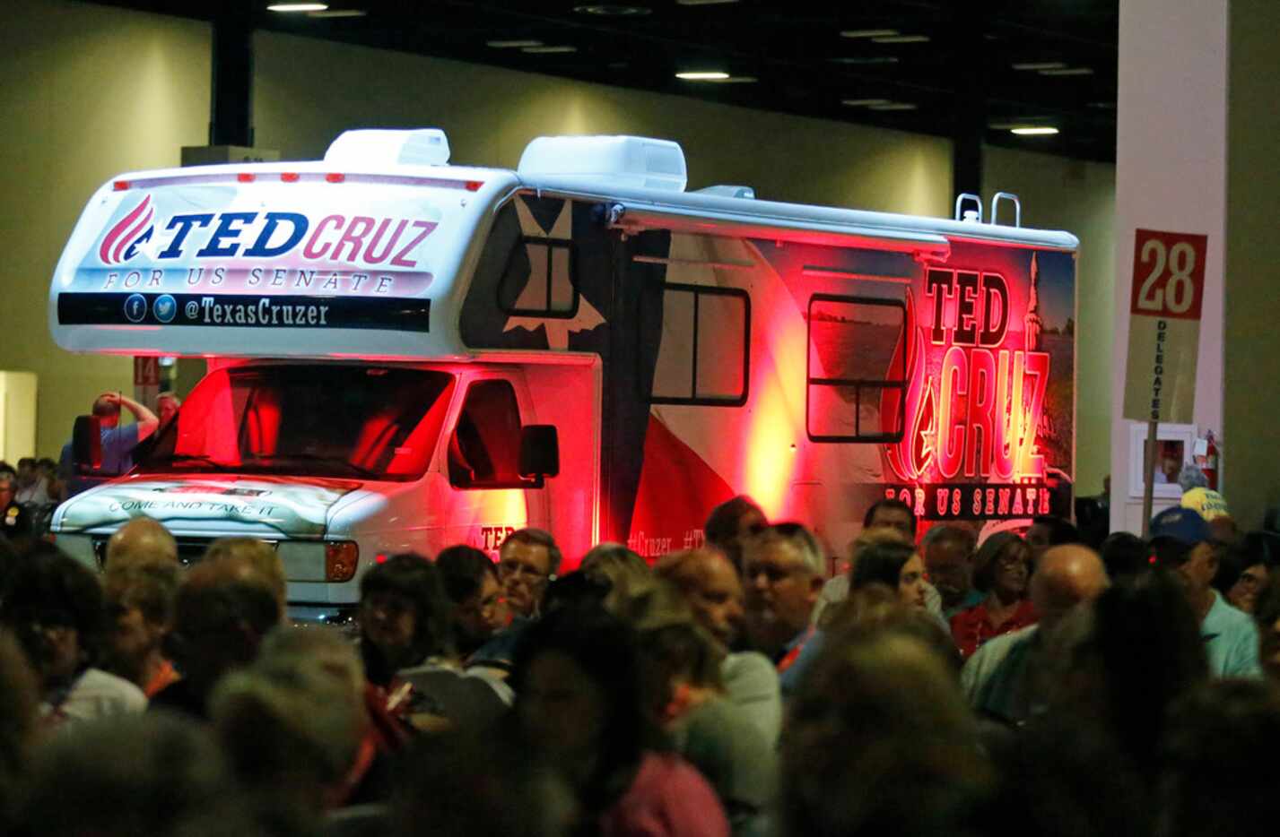 Sen. Ted Cruz's "Texas Cruzer" is parked inside the main session hall at the 2018 Texas GOP...