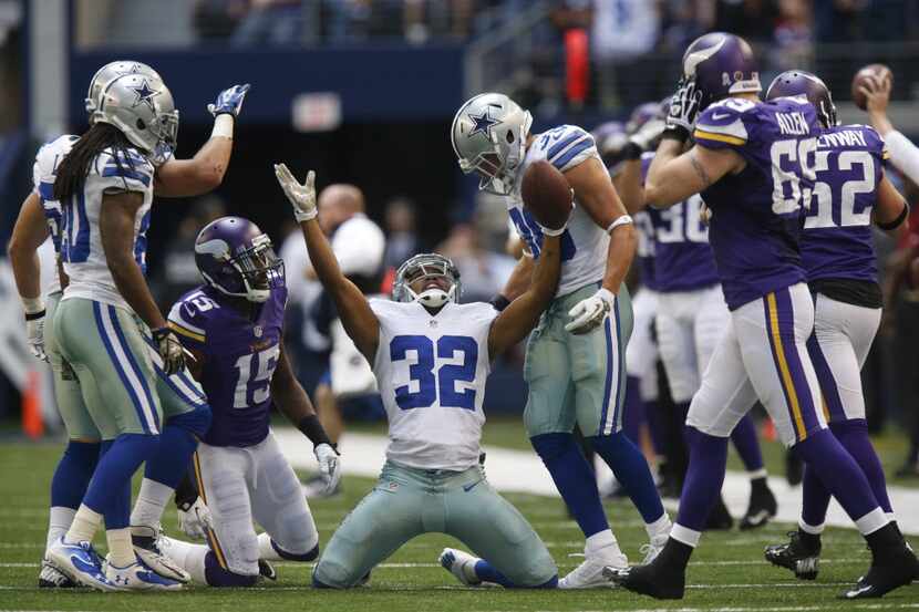 Dallas Cowboys cornerback Orlando Scandrick (32) reacts to his interception of a pass...