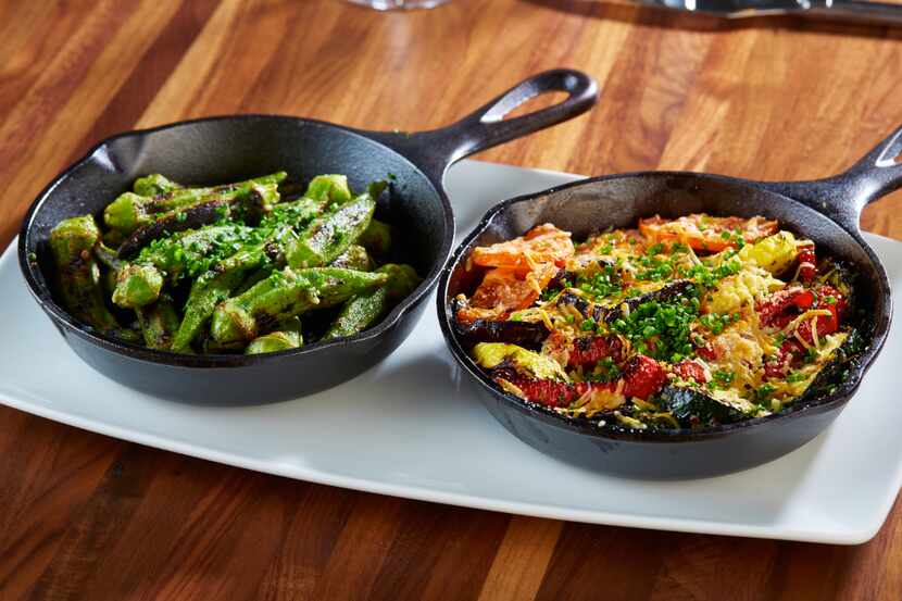 DISH's side dishes include char grilled okra (left) and Ratatouille gratin.