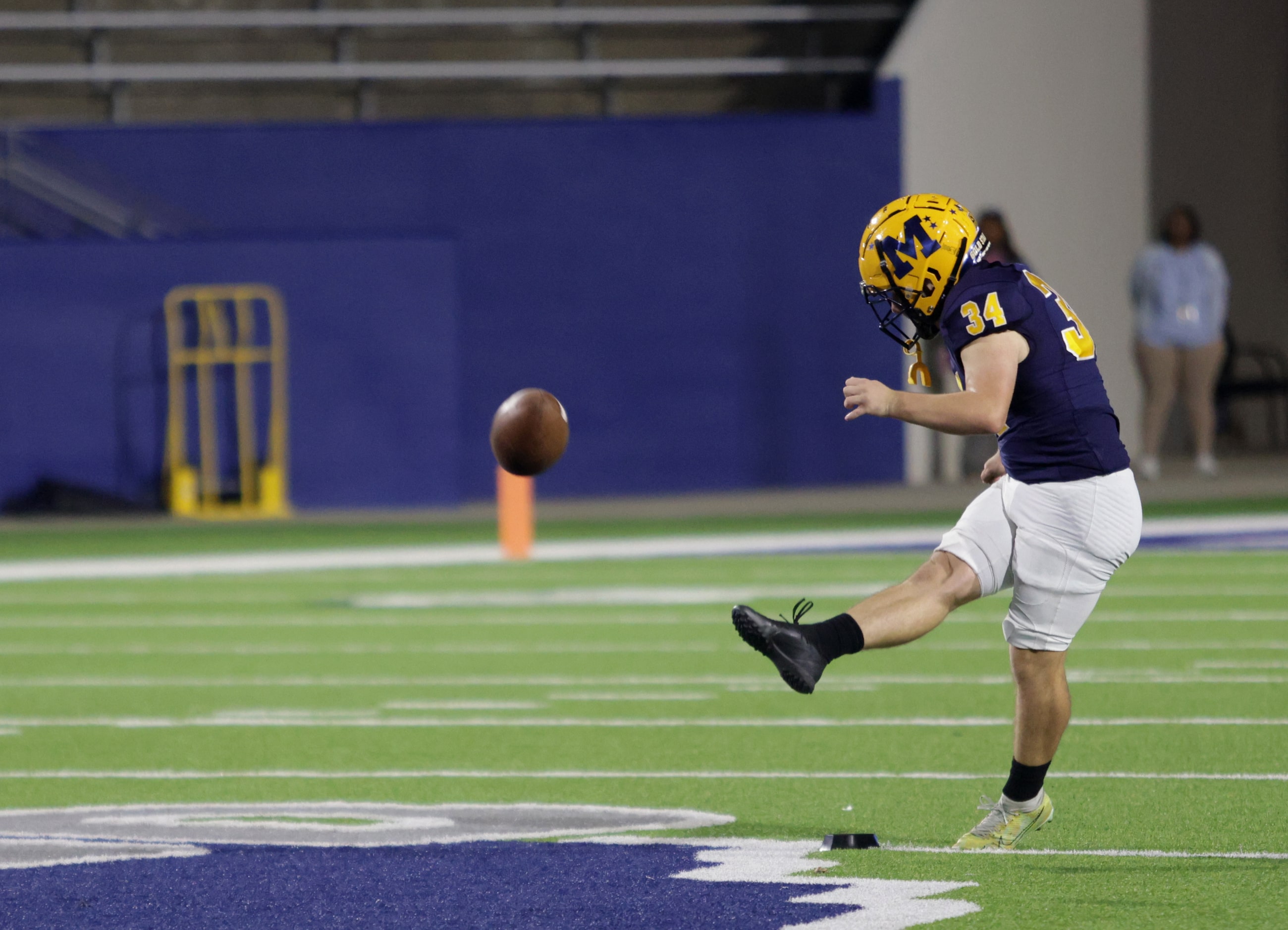 McKinney player #34 Boston Stephens kicks the ball during the Prosper Rock Hill High School...