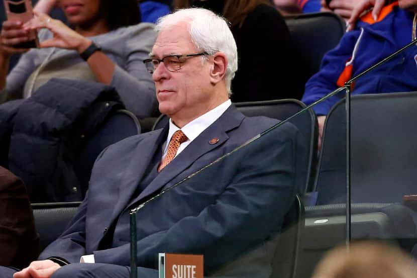 FILE- In this Jan. 9, 2017 file photo, New York Knicks president Phil Jackson watches from...