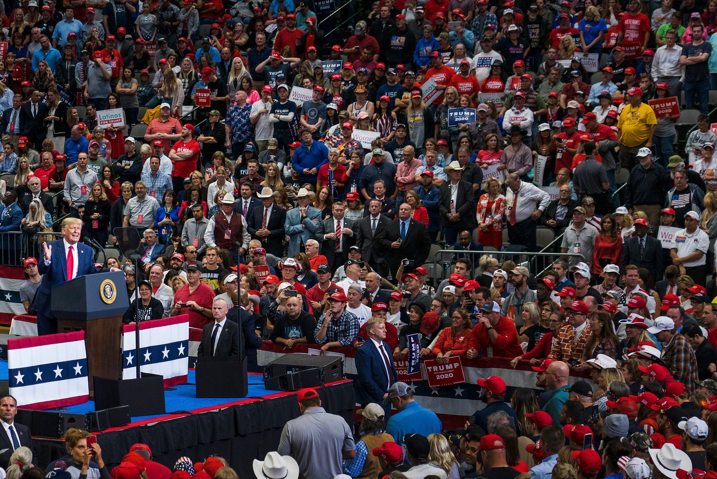 President Donald Trump addresses a campaign rally at the American Airlines Center on...