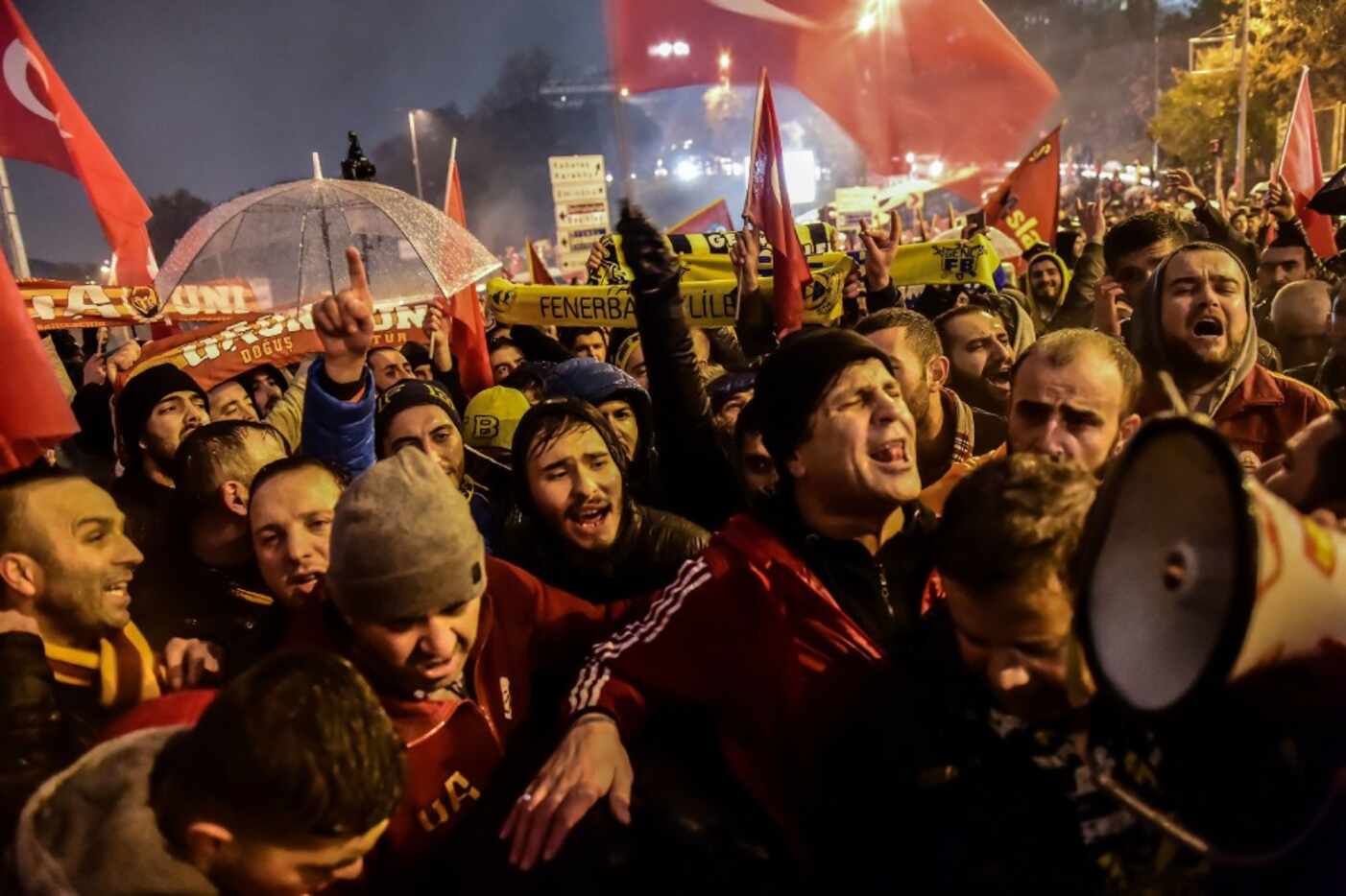 Turkish football shout slogans on December 12, 2016  near the vodafone arena in Istanbul,...