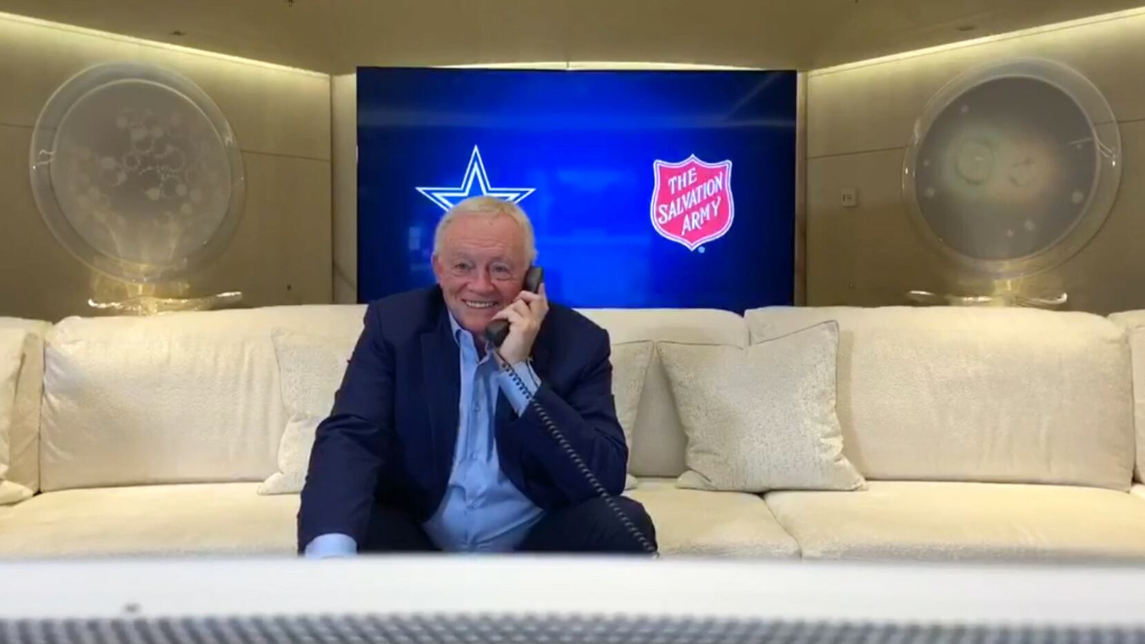 Screen capture of Dallas Cowboys owner and general manager Jerry Jones as he talks on the...