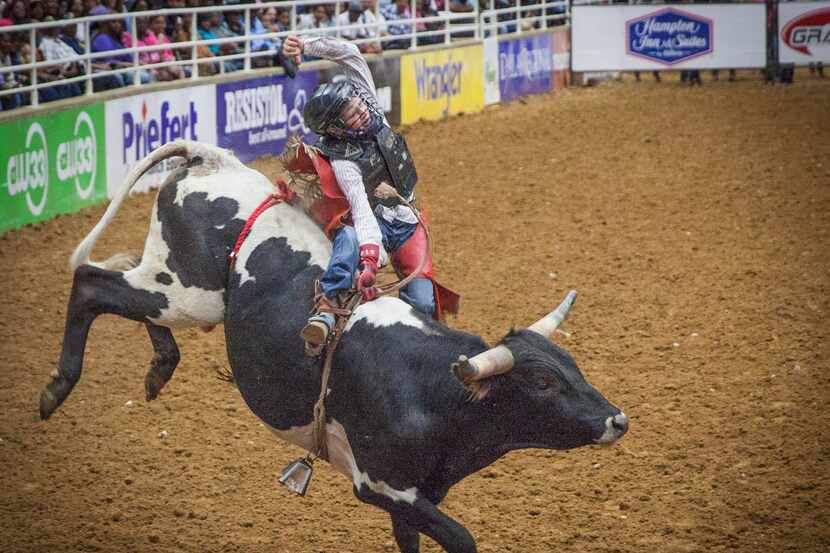 Brandon Roads participates in the Hip Hop Cowboys Spring Rodeo in the Mesquite Arena in...