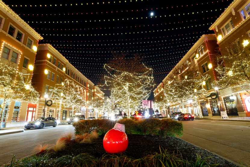 Christmas lights on display in the Frisco Square