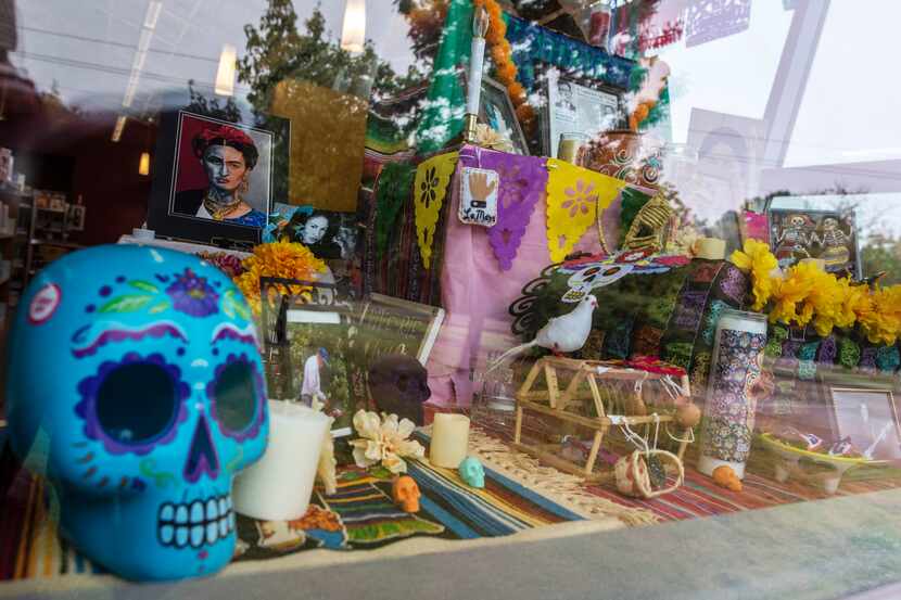 The Pleasant Grove Library altar for Dia de los Muertos is on display for outside viewing...
