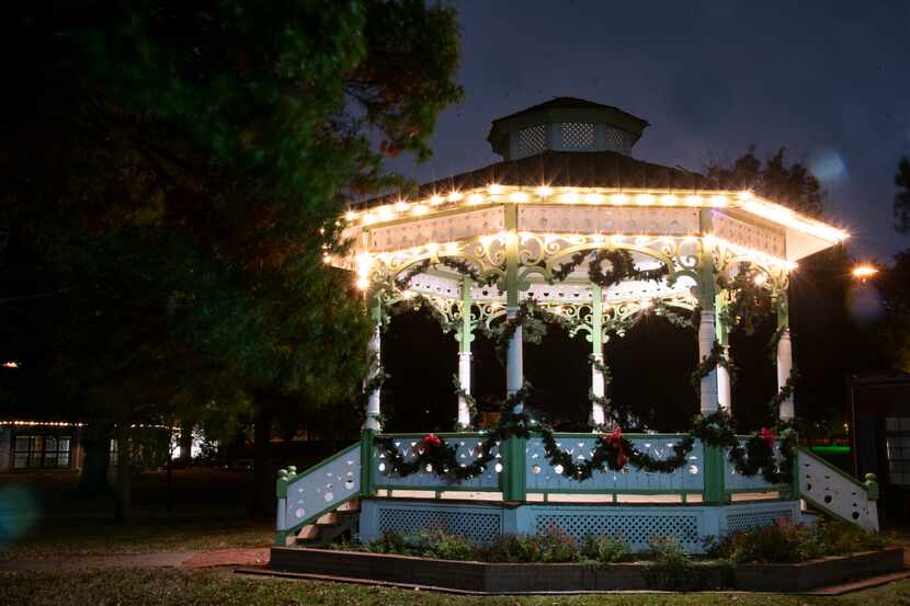 A gazebo is decorated for Christmas at Dallas Heritage Village.