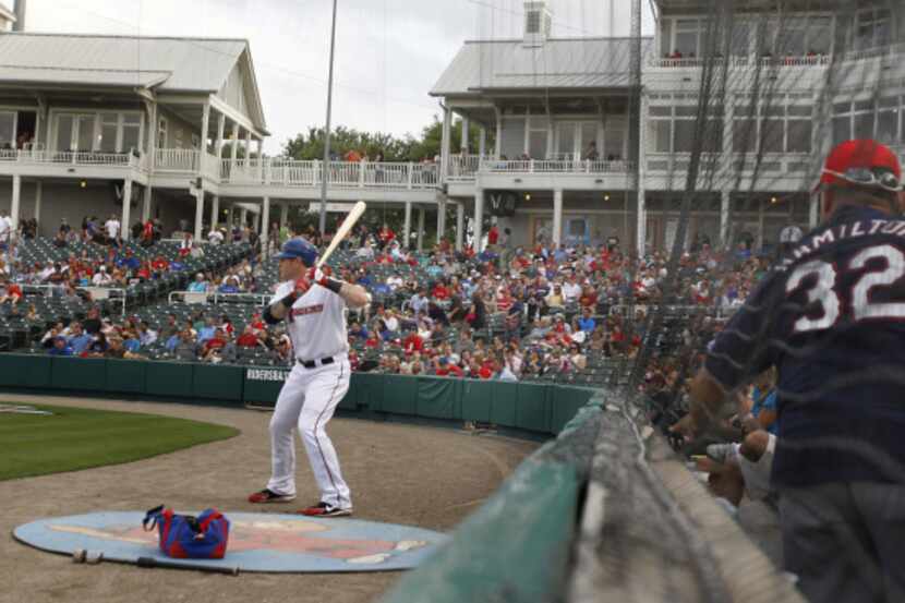 Josh Hamilton waits on deck for his turn at bat during the Frisco RoughRiders vs. the...