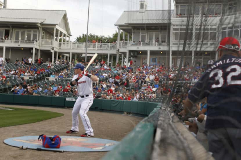 Josh Hamilton waits on deck for his turn at bat during the Frisco RoughRiders vs. the...