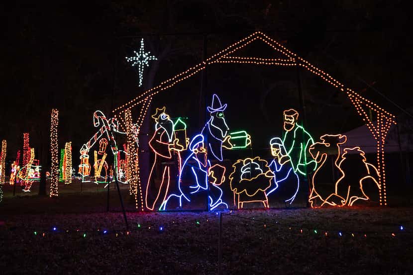 A Christmas light Nativity Scene on display at Prairie Lights