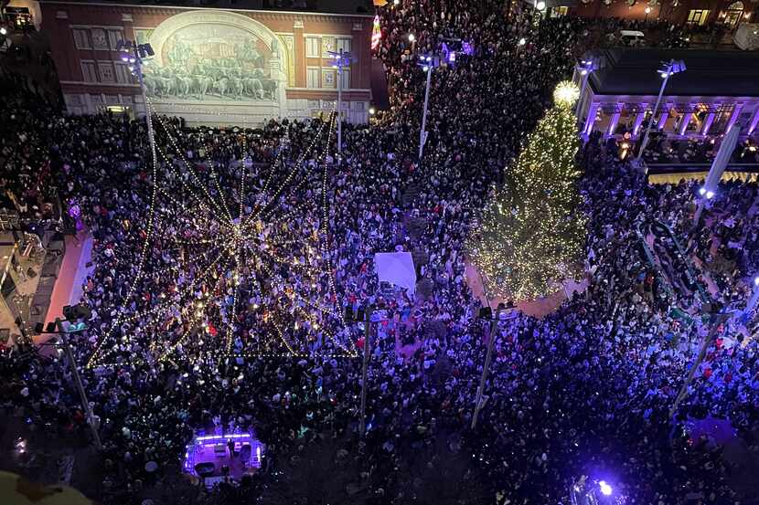 Fort Worth's Countdown to 2024 takes place on Sundance Square Plaza near the Christmas tree.