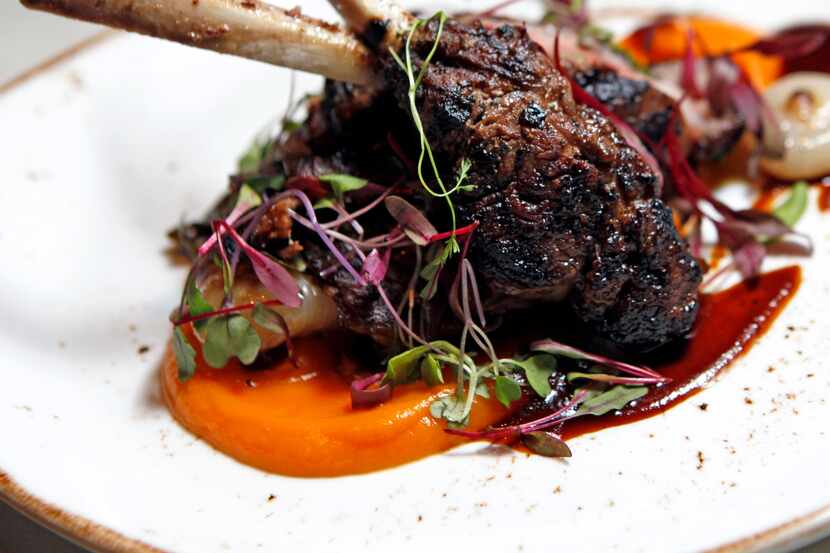 Hickory grilled Colorado lamb duo, rack and belly, sweet potato puree, braised greens and...