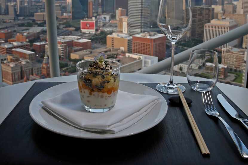 Dessert with a Dallas skyline in the background at Five Sixty by Wolfgang Puck in Dallas
