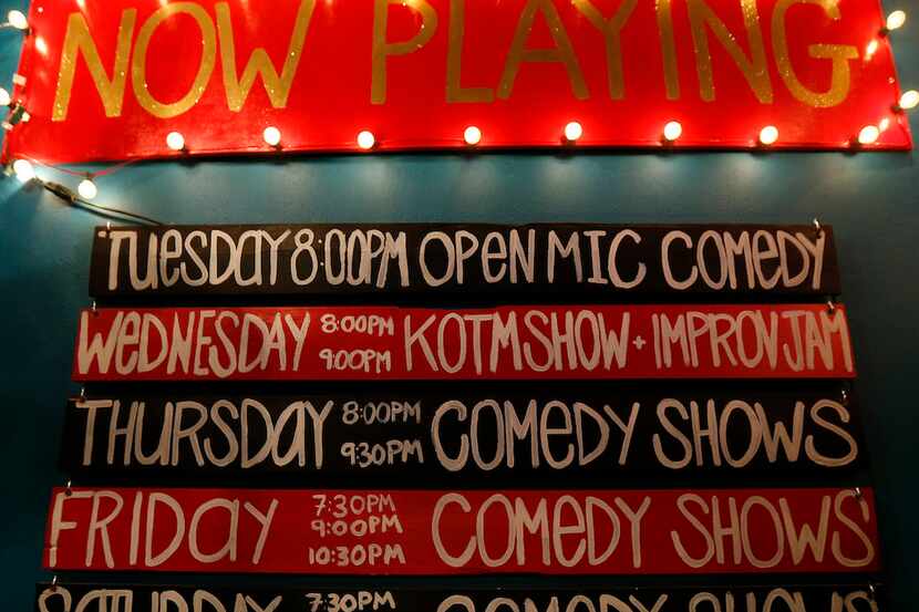 A schedule of the week's shows is posted on the wall at Dallas Comedy House.
