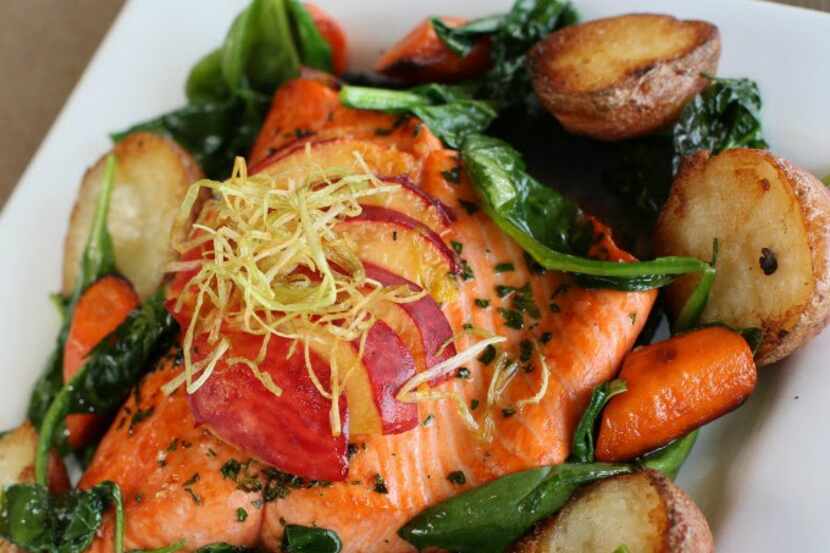 Grilled Wild Copper River Sockeye Salmon with peach maple glaze and roasted potatoes,...