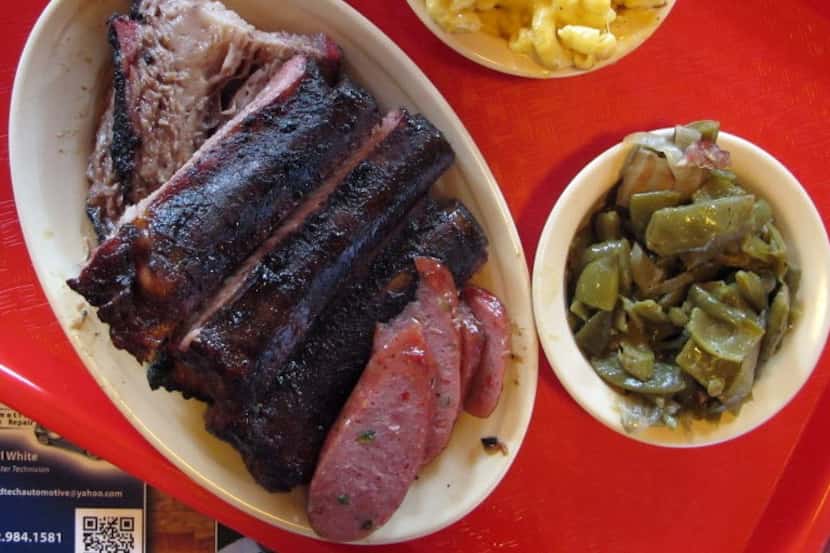 Three-meat platter at Hutchins BBQ.