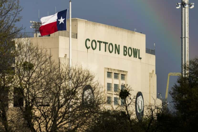 A rainbow is seen over the Cotton Bowl.