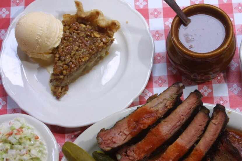 Riscky's Famous Barbeque Combo plate with sides and dessert.